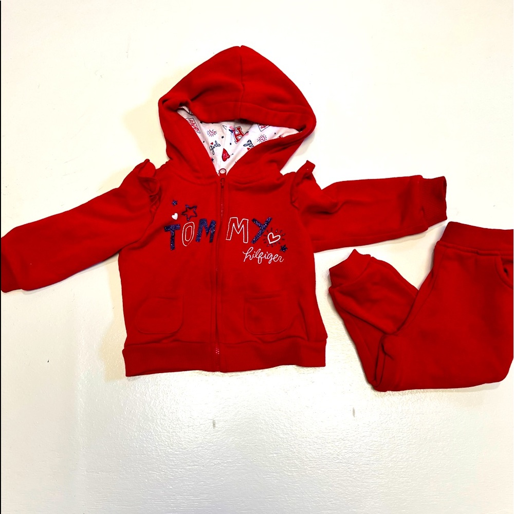 Tommy Hilfiger Baby Girl Red Matching Sweatshirt and Sweatpants - Size 12 Months